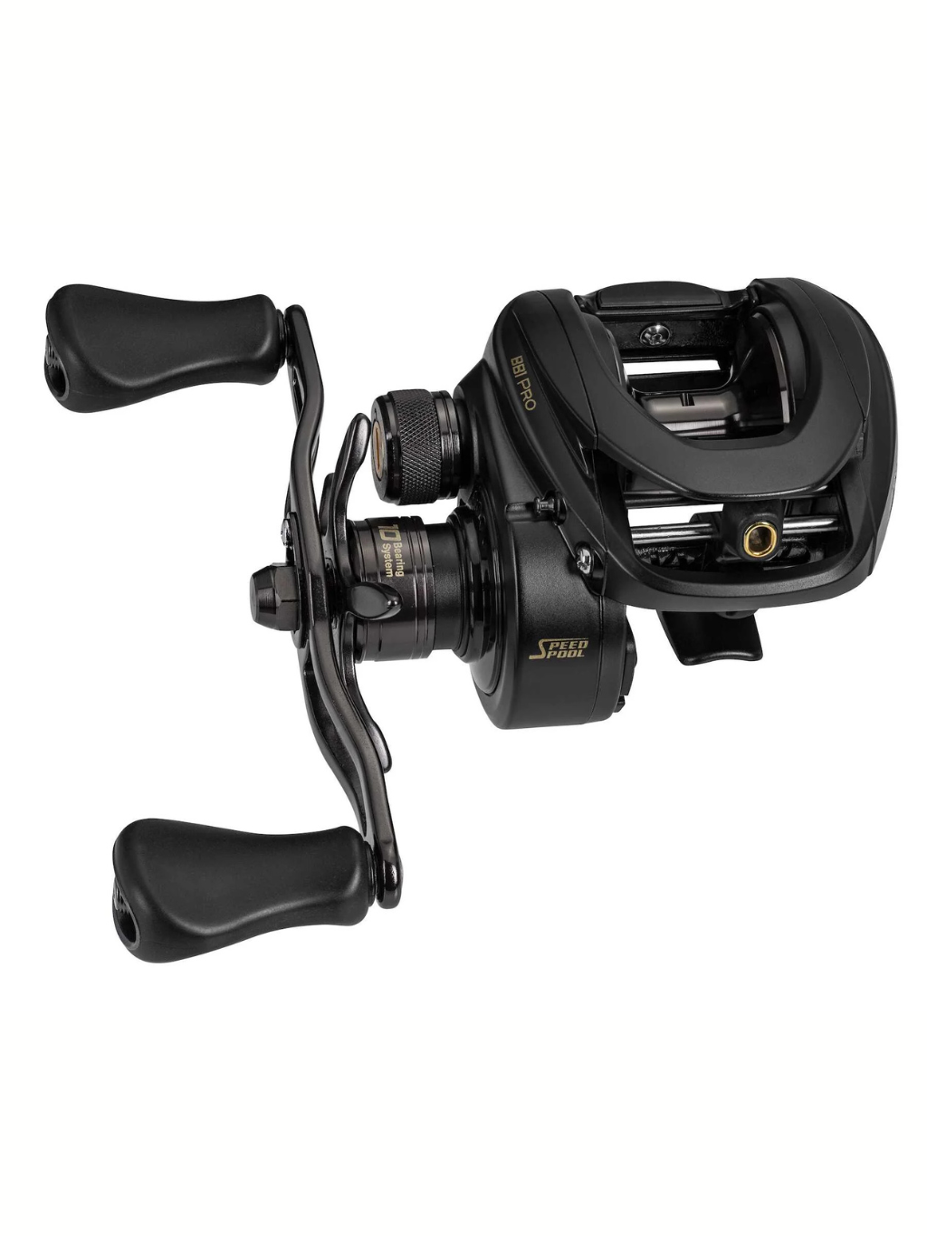 Vue du dessus du moulinet Lew’s BB1 Pro mettant en valeur la bobine Speed Spool et la finition noire mate