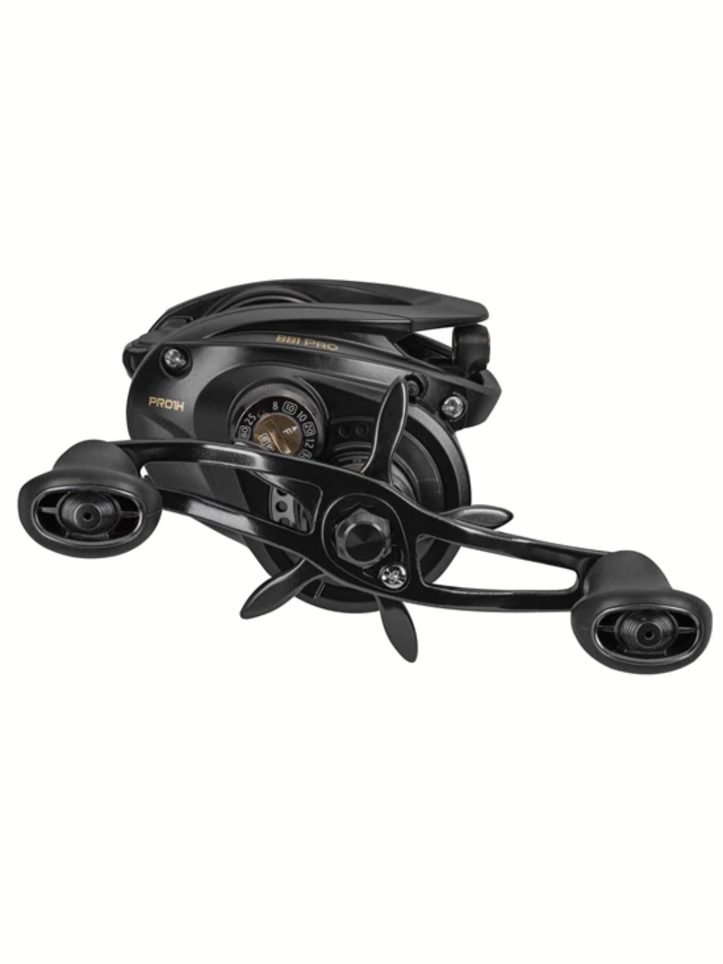 Vue arrière du moulinet Lew’s BB1 Pro montrant les poignées doubles et la molette de réglage