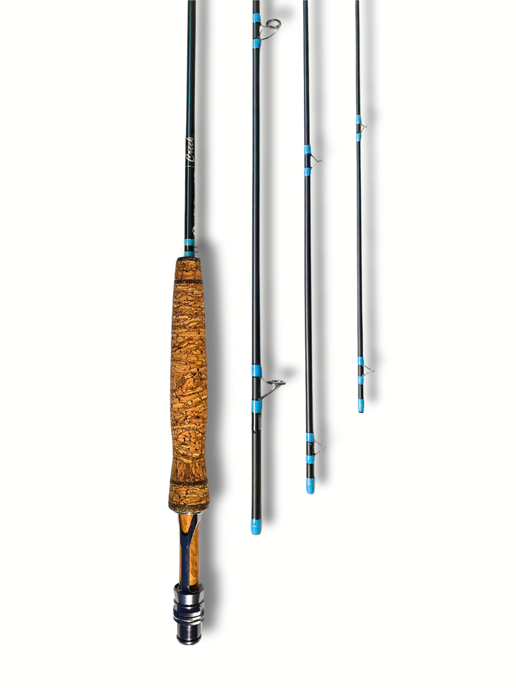 Canne à mouche Creek Les Cannes Boréal en 4 sections – vue des segments démontés, conçue pour un transport pratique et un montage facile.