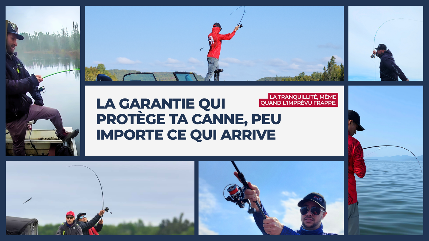 Montage de pêcheurs en action avec des cannes Les Cannes Boréal, accompagné du message “La garantie qui protège ta canne, peu importe ce qui arrive” et “La tranquillité, même quand l’imprévu frappe”, illustrant la protection BoréalCare VIP.