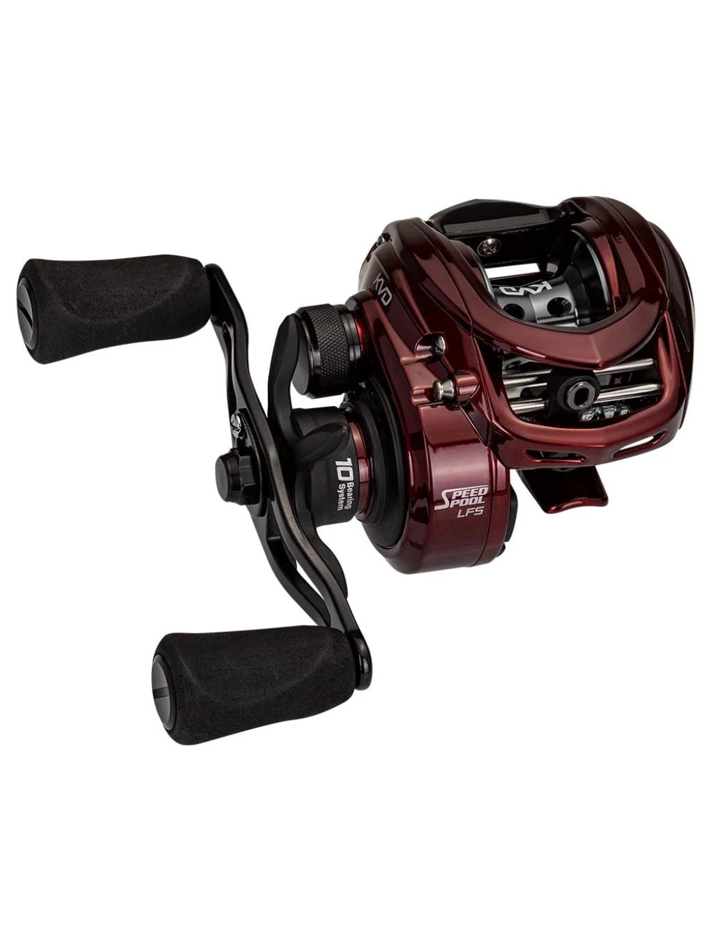 Moulinet Lew’s KVD Baitcast – vue de biais montrant le cadre monopièce en aluminium et la poignée ergonomique