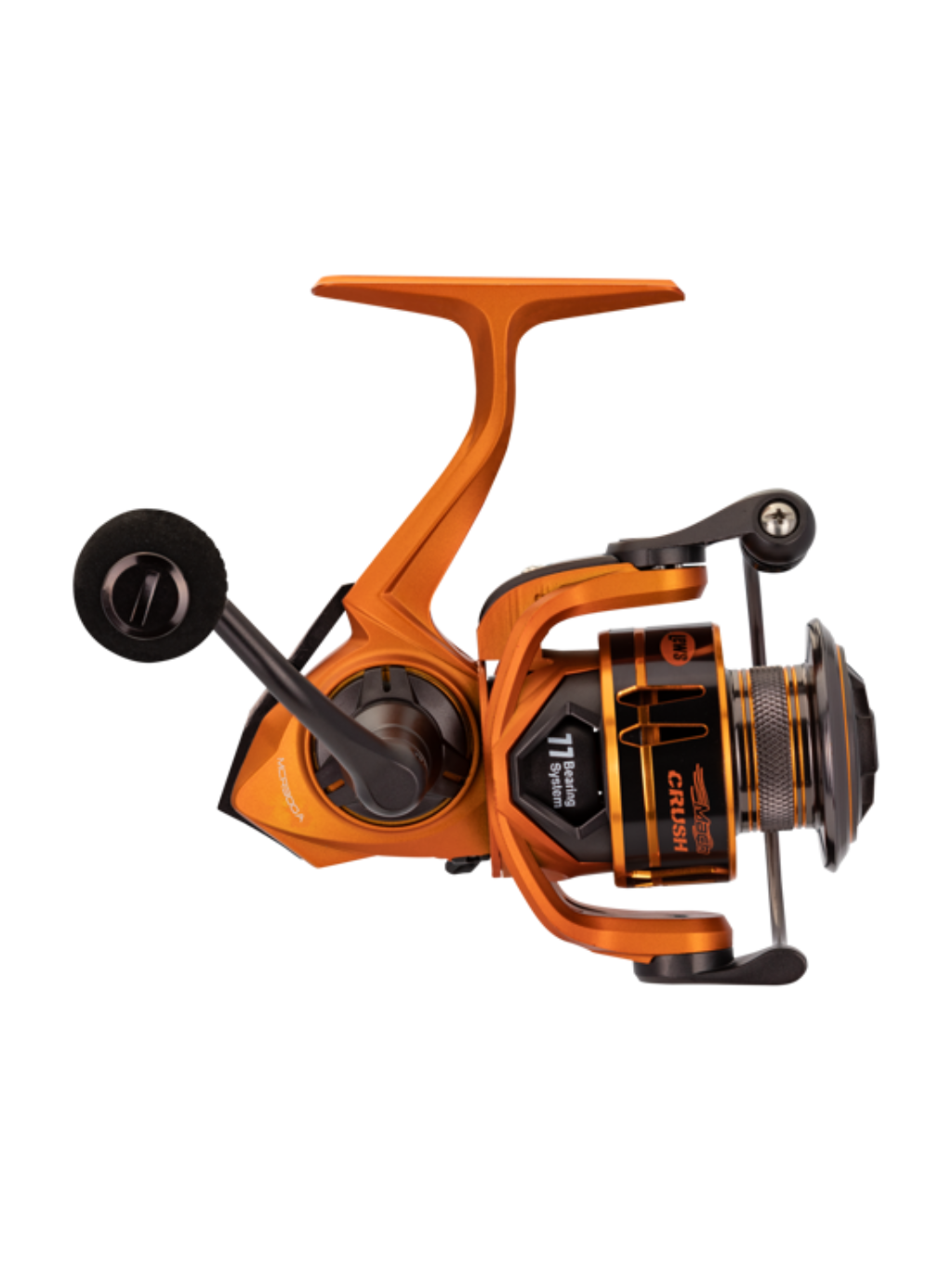 Vue latérale du Lew’s Mach Crush, mettant en évidence le cadre en aluminium et la bobine double anodisée.