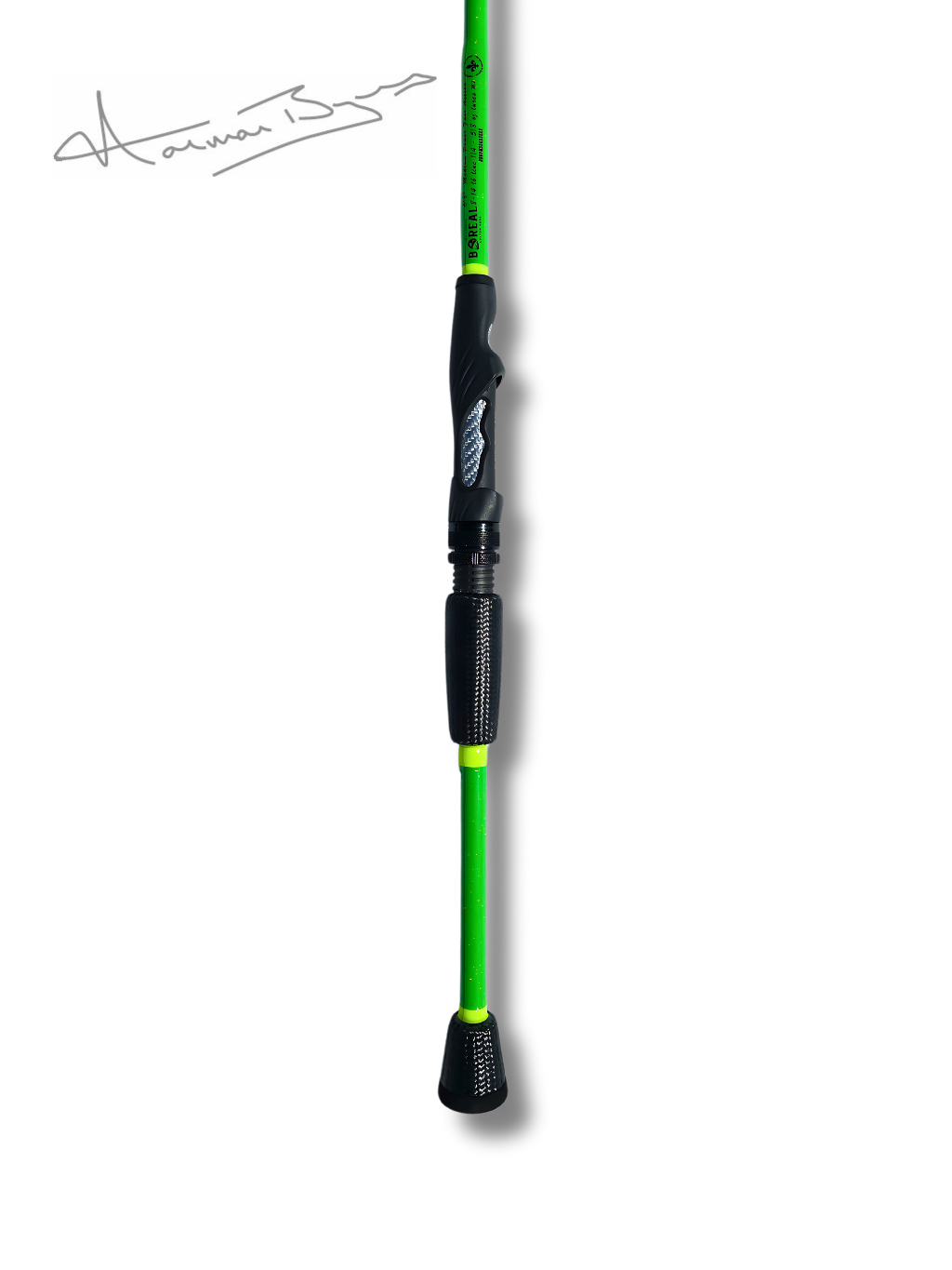 Canne Signature Norman Byrns Jig Horizontal par Cannes Boréal – poignée en fibre de carbone conçue pour un contrôle précis du leurre et une sensibilité maximale en pêche technique.