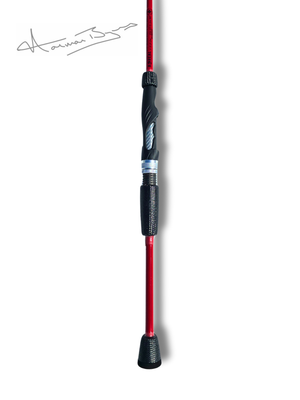 Canne Signature Norman Byrns Truite par Cannes Boréal – poignée en fibre de carbone conçue pour une sensibilité accrue et un confort optimal en pêche fine.