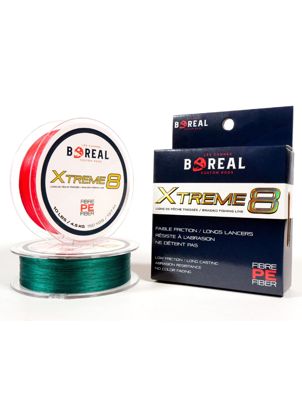 Fil tressé Xtreme8 par Cannes Boréal – bobines rouge et verte avec emballage, conçues pour la performance, la résistance et la présentation optimale du leurre.