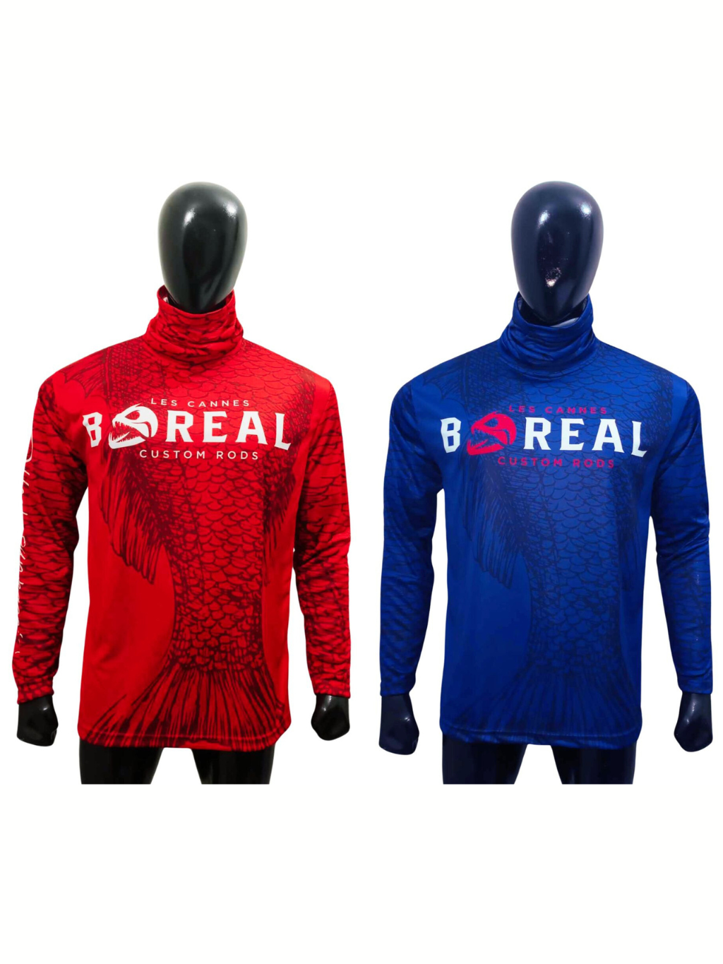 Chandails de pêche Les Cannes Boréal avec cache-cou intégré – modèle rouge et bleu, motif d’écailles de poisson et logo sur la poitrine, conçus pour la protection UV et le confort en action.