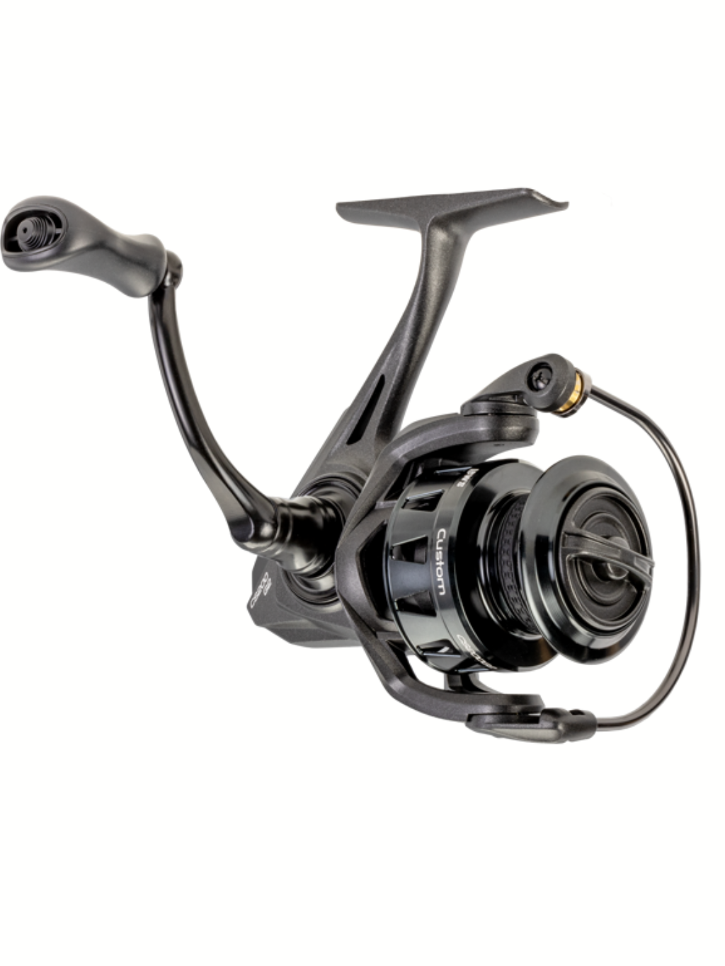Moulinet Lew’s Custom Spinning en finition noire, vue oblique avant avec poignée ergonomique