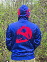 Vue arrière du hoodie de pêche bleu Les Cannes Boréal avec grand logo rouge au dos et motif de poisson intégré.
