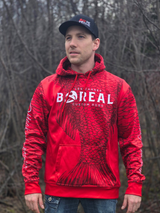 Hoodie rouge Boréal Custom Rods avec logo à l’avant et motif d’écailles sur les manches et le torse.