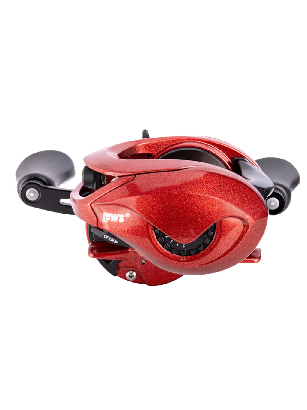 Moulinet casting Lew's KVD Elite rouge vue du côté du système de freinage magnétique.