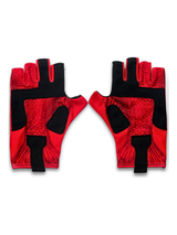 Gants de pêche Boréal rouges et noirs, vue de la paume avec renforts antidérapants pour améliorer la prise et le confort.