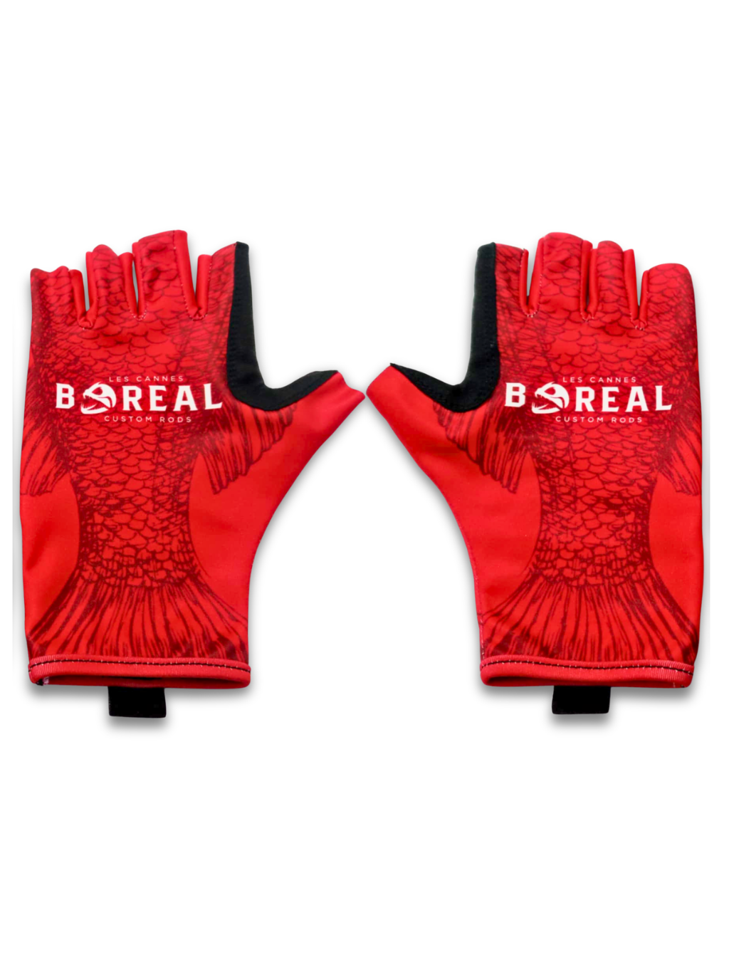 Gants de pêche Boréal rouges avec logo Les Cannes Boréal, tissu respirant et design sans doigts pour un meilleur contrôle.