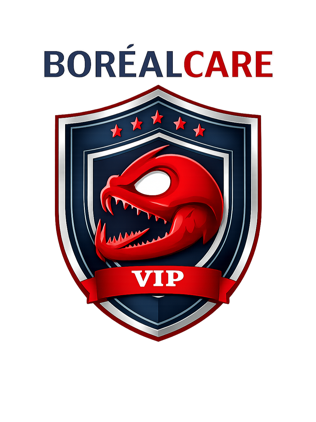 Logo officiel de la garantie BoréalCare VIP de Les Cannes Boréal, avec un blason protecteur et une tête de poisson rouge sur fond bleu.