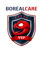 Logo officiel de la garantie BoréalCare VIP de Les Cannes Boréal, avec un blason protecteur et une tête de poisson rouge sur fond bleu.
