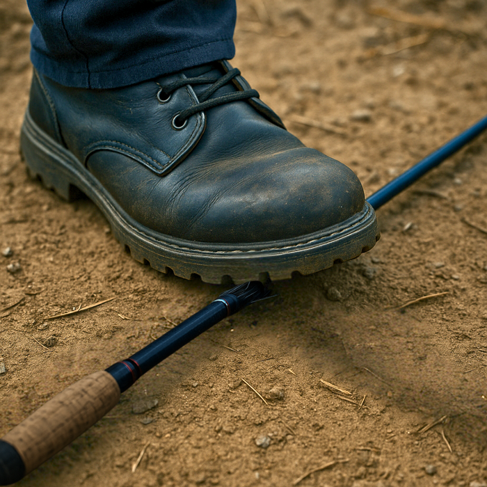 Gros plan d'une botte noire écrasant une canne à pêche sur un sol de terre battue, causant une rupture visible au niveau du blank.